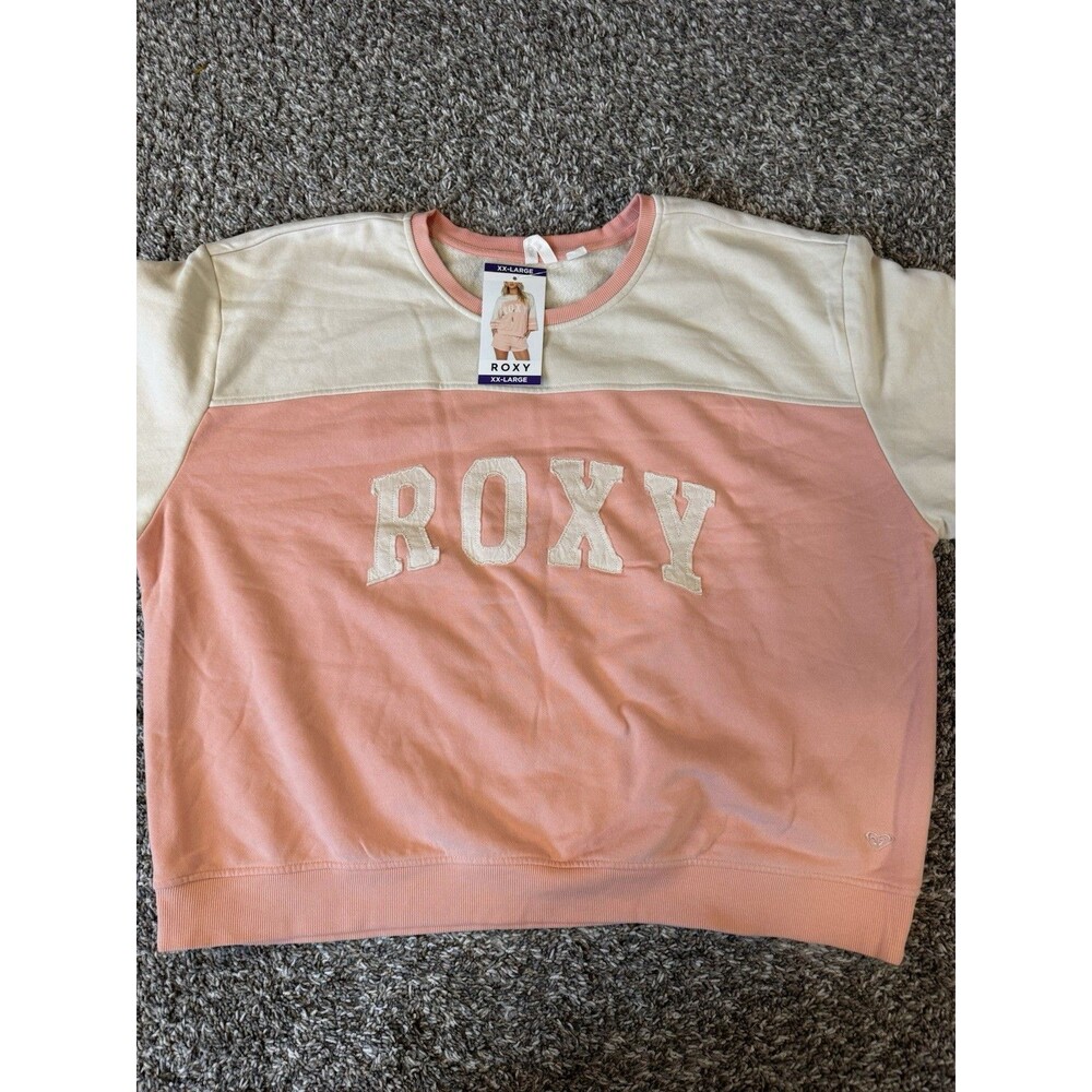 Roxy Girls XXL 16 Oversized Sweatshirt Pink Cream Varsity Logo Pullover NWT